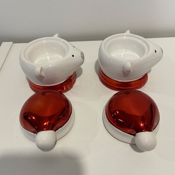 Christmas Polar Bear Ceramic candle holders With Santa Hat Lids or small candy j - Picture 4 of 16